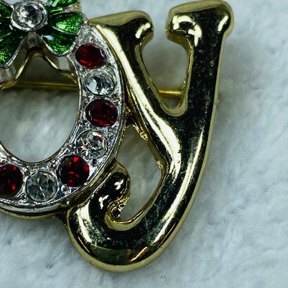 JOY Christmas Pin Brooch Gold Color Wreath Design Around the O Rhinestone Accent - Picture 5 of 13